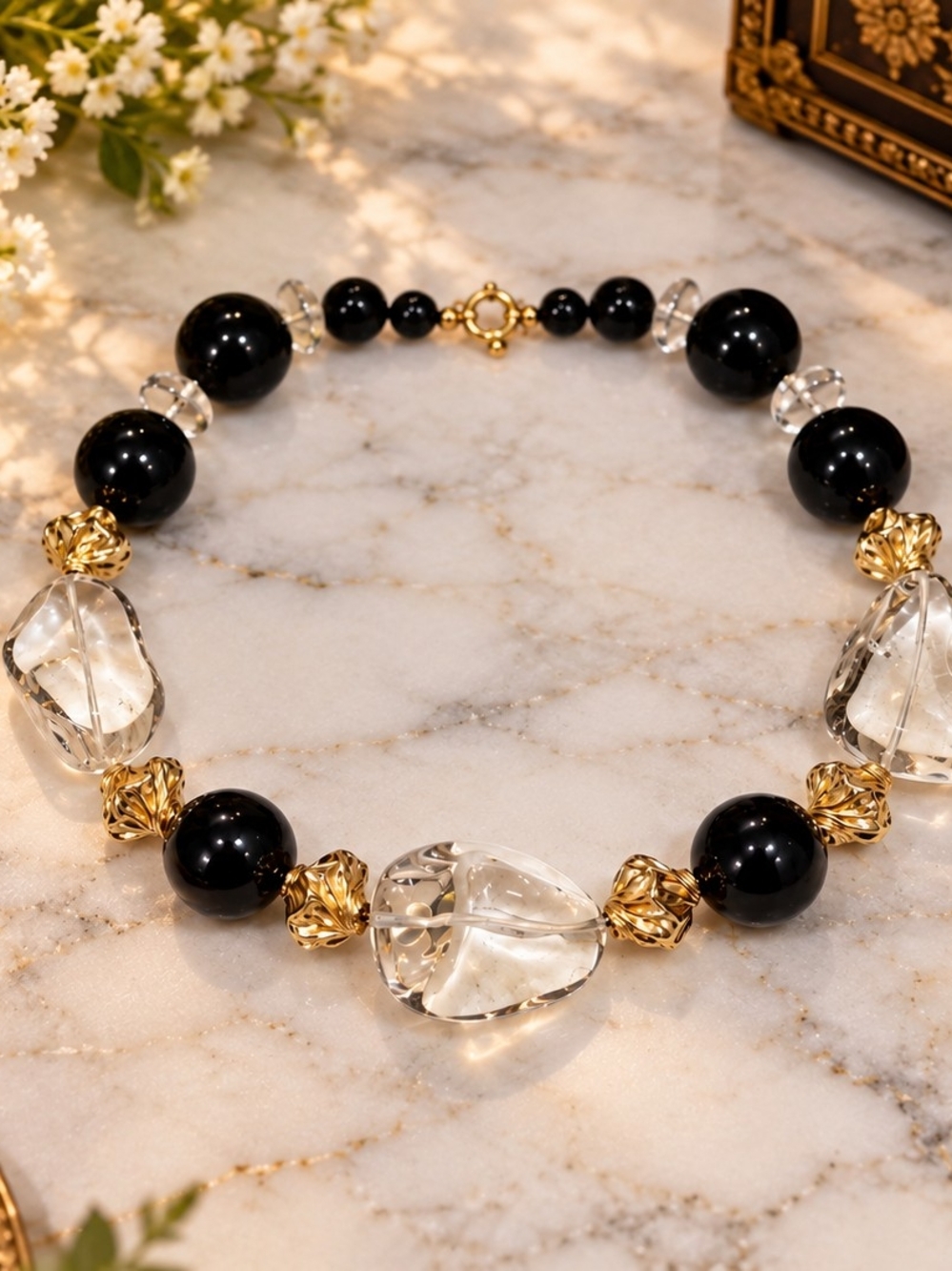 Statement Black Onyx & Clear Quartz Naturak Stone Necklace - 156g